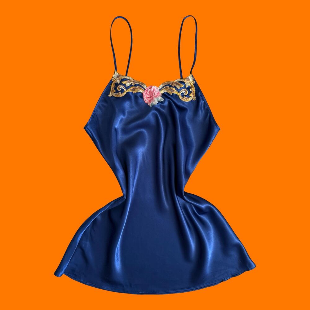 90's vintage midnight blue satin floral lingerie slip dress SMALL val mode